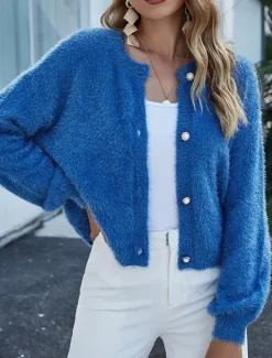 Sale Women's Sweater Pullover Sweater Fuzzy Jumper Crew Neck Ribbed Knit Button Knitted Fall Winter Outdoor Daily Weekend Casual Soft Long Sleeve Pure Color Women Cardigans & Outerwears|Pullovers & Tops
