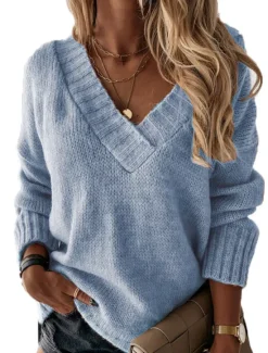 Outlet Women's Sweater Solid Color Casual Long Sleeve Loose Sweater Cardigans V Neck Fall Winter Blue White Black / Holiday Women Pullovers & Tops