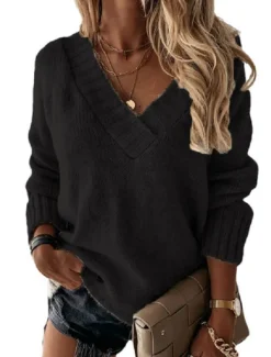 Outlet Women's Sweater Solid Color Casual Long Sleeve Loose Sweater Cardigans V Neck Fall Winter Blue White Black / Holiday Women Pullovers & Tops