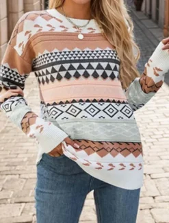 Online Women's Sweater Streetwear Stylish Geometric Color Block Crew Neck Knitted Long Sleeve Regular Tops Knit Outdoor Going out Pink Khaki Fall Winter Women Pullovers & Tops