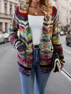 Best Women's Sweater Striped Cardigan Open Front Ribbed Knit Pocket Knitted Fall Winter Outdoor Daily Weekend Casual Soft Long Sleeve Red Blue Women Cardigans & Outerwears