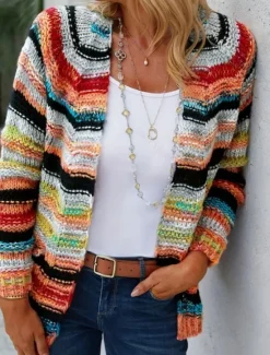 Best Women's Sweater Striped Cardigan Open Front Ribbed Knit Pocket Knitted Fall Winter Outdoor Daily Weekend Casual Soft Long Sleeve Red Blue Women Cardigans & Outerwears