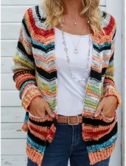 Best Women's Sweater Striped Cardigan Open Front Ribbed Knit Pocket Knitted Fall Winter Outdoor Daily Weekend Casual Soft Long Sleeve Red Blue Women Cardigans & Outerwears