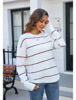 Clearance Women's Sweater Stylish Basic Striped Ribbed Crew Neck Stripe Long Sleeve Long Tops Knit Work Black White Spring Fall Women Pullovers & Tops