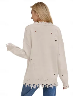 Women's Sweater Stylish Casual Solid Color Crew Neck Print Drop Shoulder Long Sleeve Long Tops Knit Daily Going out Navy Blue Beige Fall Winter Women Pullovers & Tops