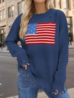 Women's Sweater Stylish Casual Solid Color Crew Neck Print Drop Shoulder Long Sleeve Long Tops Knit Daily Going out Navy Blue Beige Fall Winter Women Pullovers & Tops