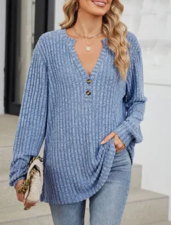 Clearance Women's Sweater Stylish Casual Solid Color Ribbed V Neck Buttons Long Sleeve Regular Tops Knit Daily Pink Blue Spring Fall Women Pullovers & Tops