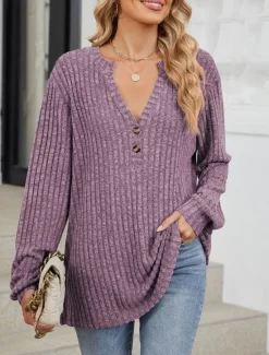 Clearance Women's Sweater Stylish Casual Solid Color Ribbed V Neck Buttons Long Sleeve Regular Tops Knit Daily Pink Blue Spring Fall Women Pullovers & Tops