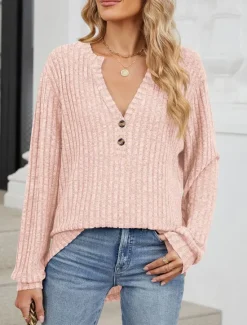 Clearance Women's Sweater Stylish Casual Solid Color Ribbed V Neck Buttons Long Sleeve Regular Tops Knit Daily Pink Blue Spring Fall Women Pullovers & Tops