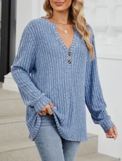 Clearance Women's Sweater Stylish Casual Solid Color Ribbed V Neck Buttons Long Sleeve Regular Tops Knit Daily Pink Blue Spring Fall Women Pullovers & Tops