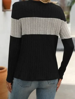 New Women's Sweater Stylish Color Block Ribbed Crew Neck Print Long Sleeve Regular Tops Knit Work Black Pink Spring Fall Women Pullovers & Tops