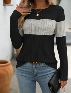 New Women's Sweater Stylish Color Block Ribbed Crew Neck Print Long Sleeve Regular Tops Knit Work Black Pink Spring Fall Women Pullovers & Tops