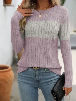 New Women's Sweater Stylish Color Block Ribbed Crew Neck Print Long Sleeve Regular Tops Knit Work Black Pink Spring Fall Women Pullovers & Tops