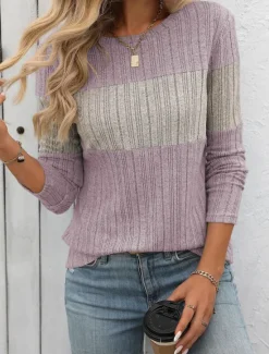 New Women's Sweater Stylish Color Block Ribbed Crew Neck Print Long Sleeve Regular Tops Knit Work Black Pink Spring Fall Women Pullovers & Tops
