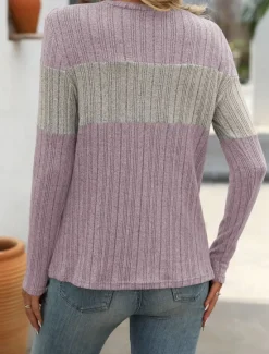 New Women's Sweater Stylish Color Block Ribbed Crew Neck Print Long Sleeve Regular Tops Knit Work Black Pink Spring Fall Women Pullovers & Tops