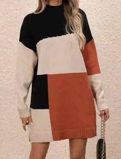 Discount Women's Sweater Stylish Color Block Mock Neck Crewneck Long Sleeve Long Tops Knit Work Red Brown Blue Fall Winter Women Pullovers & Tops