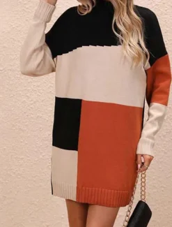 Discount Women's Sweater Stylish Color Block Mock Neck Crewneck Long Sleeve Long Tops Knit Work Red Brown Blue Fall Winter Women Pullovers & Tops