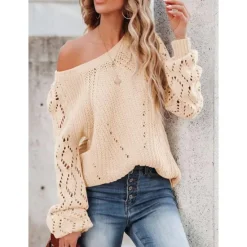 Outlet Women's Sweater Stylish Solid Color Crochet One Shoulder Knitted Half Sleeve Regular Tops Knit Daily White Pink Spring Fall Women Pullovers & Tops