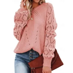 Outlet Women's Sweater Stylish Solid Color Crochet One Shoulder Knitted Half Sleeve Regular Tops Knit Daily White Pink Spring Fall Women Pullovers & Tops