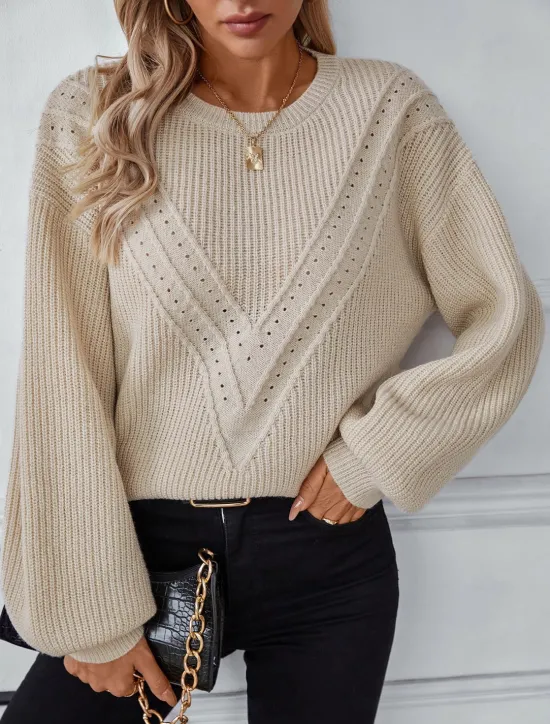Clearance Women's Sweater Stylish Solid Color Ribbed Crew Neck Knitted Lantern Sleeve Long Sleeve Long Tops Knit Work Daily White Beige Fall Winter Women Pullovers & Tops