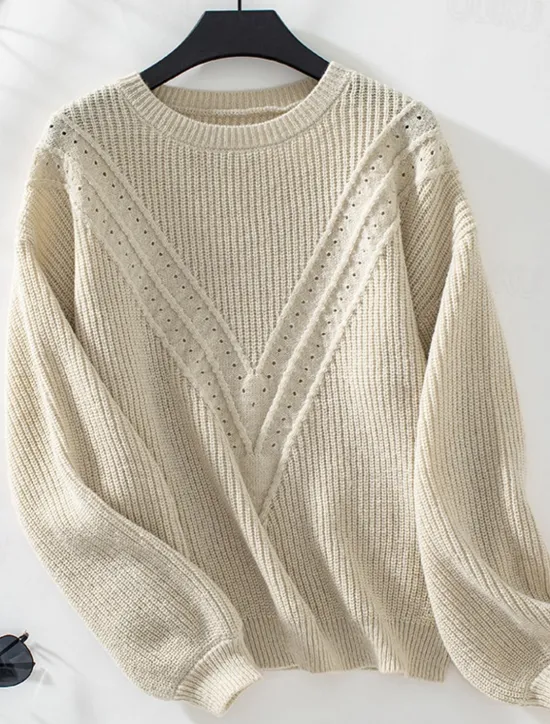 Clearance Women's Sweater Stylish Solid Color Ribbed Crew Neck Knitted Lantern Sleeve Long Sleeve Long Tops Knit Work Daily White Beige Fall Winter Women Pullovers & Tops