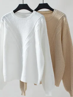 Clearance Women's Sweater Stylish Solid Color Ribbed Crew Neck Knitted Lantern Sleeve Long Sleeve Long Tops Knit Work Daily White Beige Fall Winter Women Pullovers & Tops