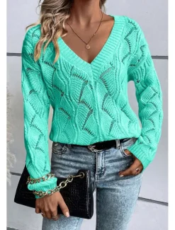 New Women's Sweater Stylish Solid Color V Neck Hollow Out Long Sleeve Regular Tops Knit Work Black Green Fall Winter Women Pullovers & Tops