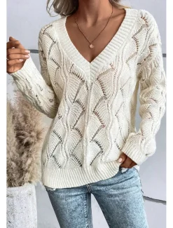 New Women's Sweater Stylish Solid Color V Neck Hollow Out Long Sleeve Regular Tops Knit Work Black Green Fall Winter Women Pullovers & Tops