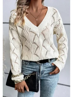 New Women's Sweater Stylish Solid Color V Neck Hollow Out Long Sleeve Regular Tops Knit Work Black Green Fall Winter Women Pullovers & Tops