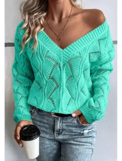 New Women's Sweater Stylish Solid Color V Neck Hollow Out Long Sleeve Regular Tops Knit Work Black Green Fall Winter Women Pullovers & Tops