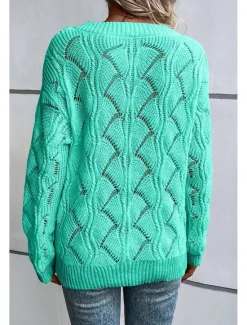 New Women's Sweater Stylish Solid Color V Neck Hollow Out Long Sleeve Regular Tops Knit Work Black Green Fall Winter Women Pullovers & Tops