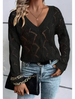 New Women's Sweater Stylish Solid Color V Neck Hollow Out Long Sleeve Regular Tops Knit Work Black Green Fall Winter Women Pullovers & Tops