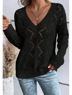 New Women's Sweater Stylish Solid Color V Neck Hollow Out Long Sleeve Regular Tops Knit Work Black Green Fall Winter Women Pullovers & Tops