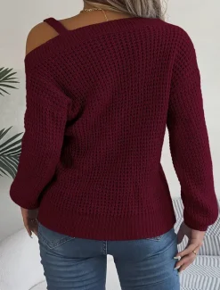 Clearance Women's Sweater Stylish Solid Color Ribbed One Shoulder Cold Shoulder Long Sleeve Regular Tops Knit Daily White Pink Spring Fall Women Pullovers & Tops