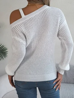 Clearance Women's Sweater Stylish Solid Color Ribbed One Shoulder Cold Shoulder Long Sleeve Regular Tops Knit Daily White Pink Spring Fall Women Pullovers & Tops