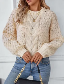 Sale Women's Sweater Stylish Solid Color Chunky Crew Neck Braided Long Sleeve Long Tops Knit Work White Beige Fall Winter Women Pullovers & Tops