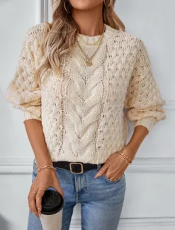 Sale Women's Sweater Stylish Solid Color Chunky Crew Neck Braided Long Sleeve Long Tops Knit Work White Beige Fall Winter Women Pullovers & Tops