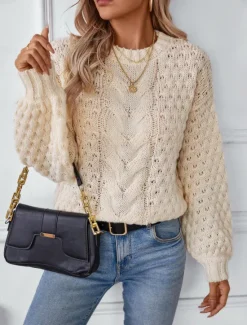 Sale Women's Sweater Stylish Solid Color Chunky Crew Neck Braided Long Sleeve Long Tops Knit Work White Beige Fall Winter Women Pullovers & Tops