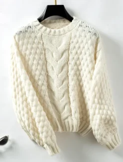 Sale Women's Sweater Stylish Solid Color Chunky Crew Neck Braided Long Sleeve Long Tops Knit Work White Beige Fall Winter Women Pullovers & Tops