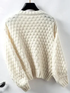 Sale Women's Sweater Stylish Solid Color Chunky Crew Neck Braided Long Sleeve Long Tops Knit Work White Beige Fall Winter Women Pullovers & Tops