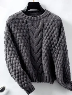 Sale Women's Sweater Stylish Solid Color Chunky Crew Neck Braided Long Sleeve Long Tops Knit Work White Beige Fall Winter Women Pullovers & Tops
