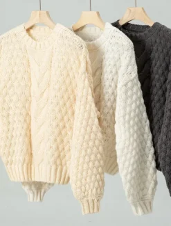 Sale Women's Sweater Stylish Solid Color Chunky Crew Neck Braided Long Sleeve Long Tops Knit Work White Beige Fall Winter Women Pullovers & Tops