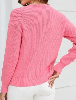 Online Women's Sweater Stylish Solid Color Crochet V Neck Braided Long Sleeve Regular Tops Knit Work Black Pink Spring Fall Women Pullovers & Tops