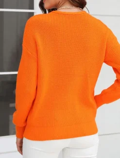 Online Women's Sweater Stylish Solid Color Crochet V Neck Braided Long Sleeve Regular Tops Knit Work Black Pink Spring Fall Women Pullovers & Tops