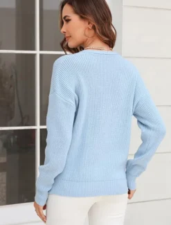 Online Women's Sweater Stylish Solid Color Crochet V Neck Braided Long Sleeve Regular Tops Knit Work Black Pink Spring Fall Women Pullovers & Tops