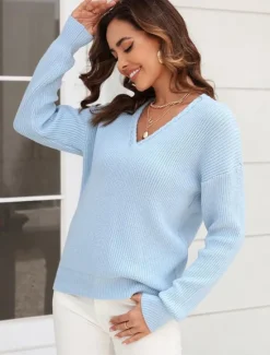 Online Women's Sweater Stylish Solid Color Crochet V Neck Braided Long Sleeve Regular Tops Knit Work Black Pink Spring Fall Women Pullovers & Tops