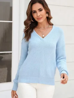 Online Women's Sweater Stylish Solid Color Crochet V Neck Braided Long Sleeve Regular Tops Knit Work Black Pink Spring Fall Women Pullovers & Tops