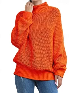 Hot Women's Sweater Turtleneck Textured Knit Textured Fall Winter Going out Elegant Fashion Daily Long Sleeve Solid Color Orange Brown Women Pullovers & Tops