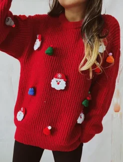 Discount Women's Sweater Ugly Sweater Casual Soft Santa Claus Ribbed Crew Neck Knitted Long Sleeve Regular Tops Knit Outdoor Daily Weekend Black Fall Winter Women Pullovers & Tops