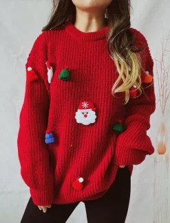 Discount Women's Sweater Ugly Sweater Casual Soft Santa Claus Ribbed Crew Neck Knitted Long Sleeve Regular Tops Knit Outdoor Daily Weekend Black Fall Winter Women Pullovers & Tops